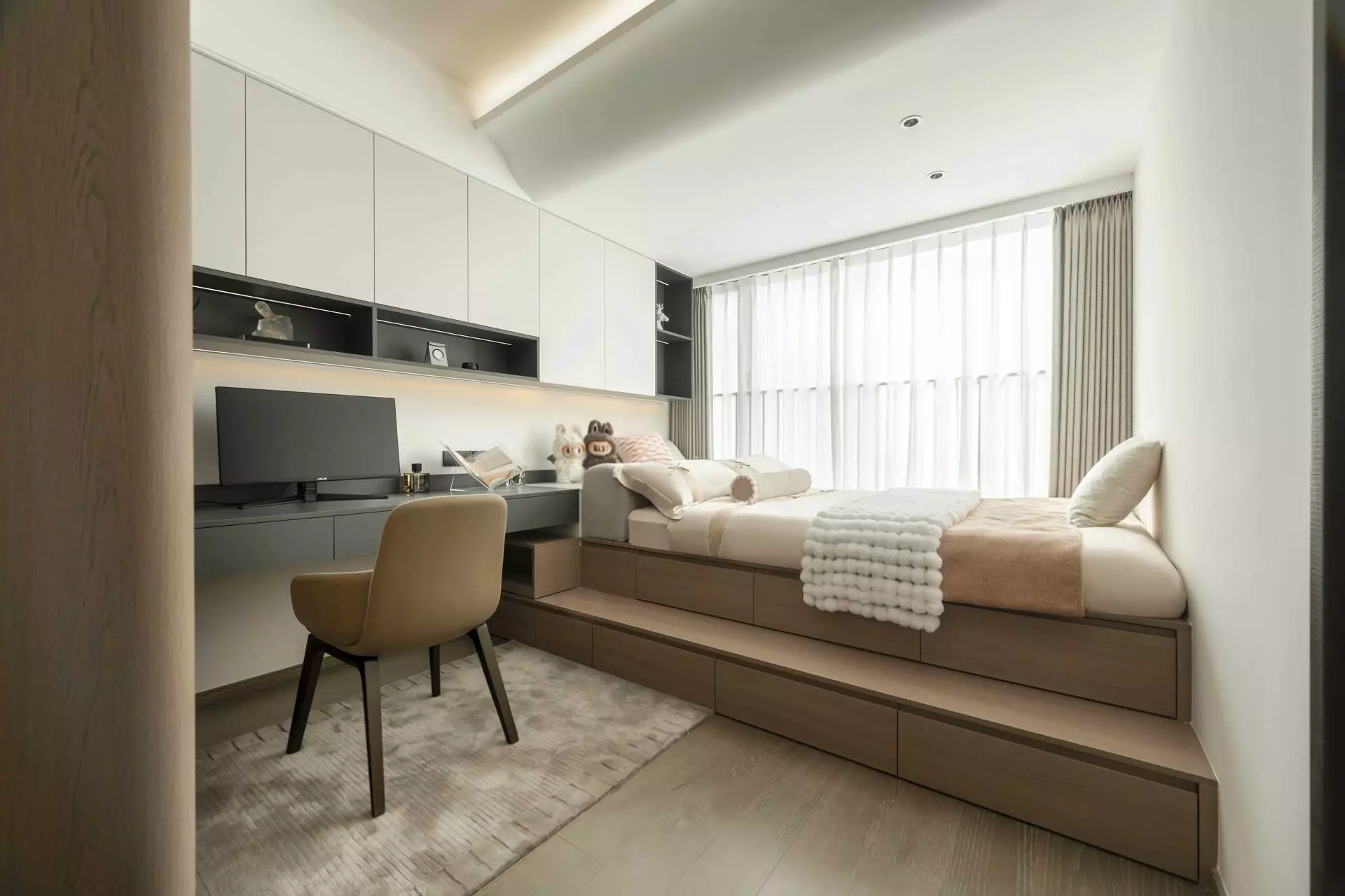 Multi-functional guest room custom wall cabinetry