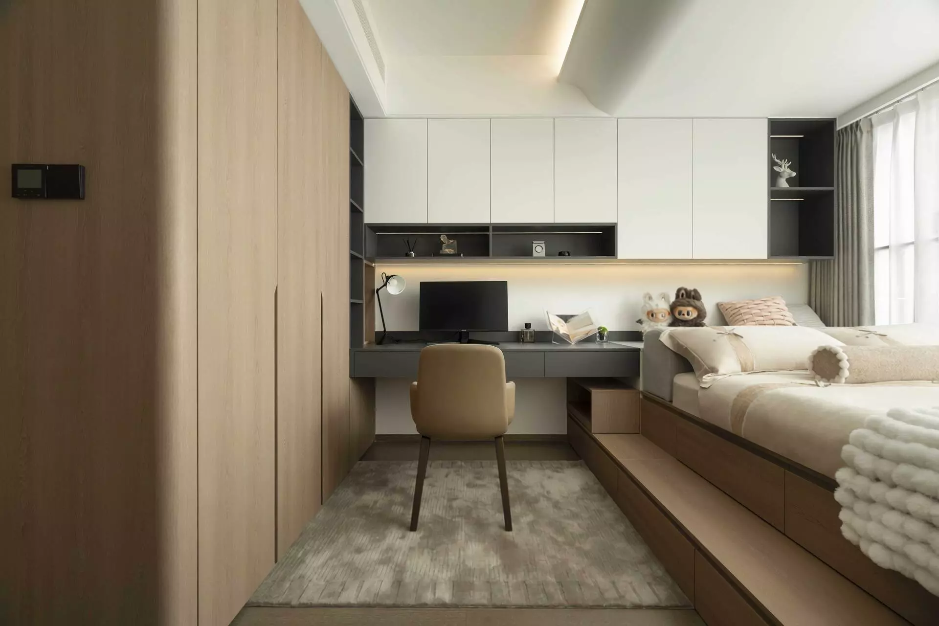 Minimalist guest room single bed and wood joinery layout