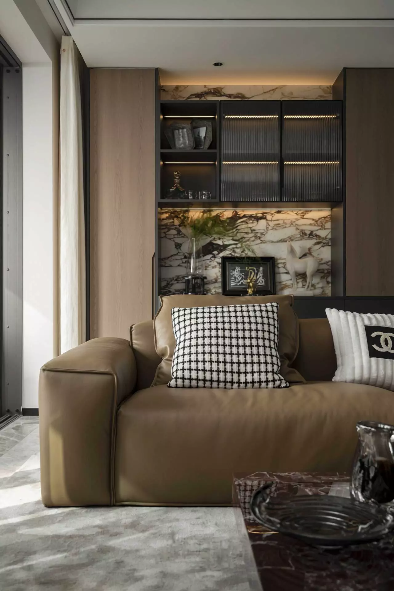 Detail of luxury bespoke furniture in living room