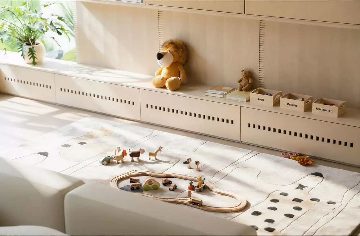 Minimalist low platform cabinetry for kids toy storage