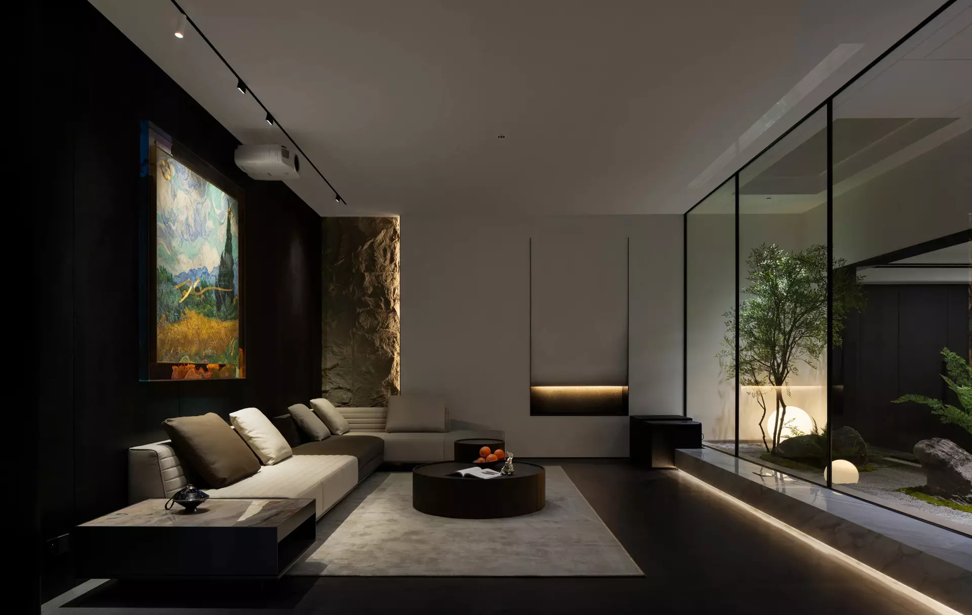 Luxury villa basement lounge with rough slate stone feature wall and indoor garden - 文德里别墅-13-10.jpg