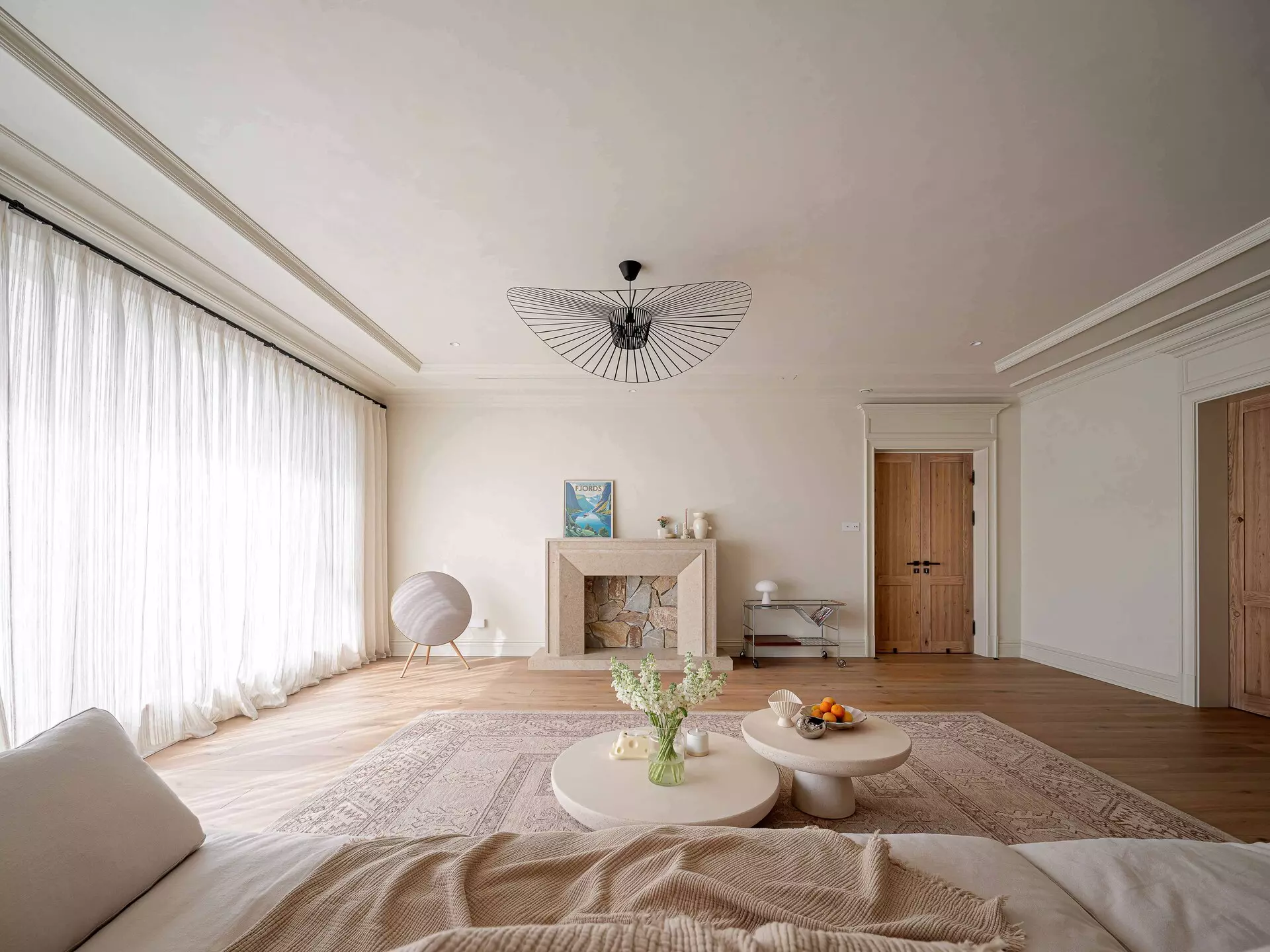 Elegant Fireplace and Vertigo Straw Hat Pendant Light, Luxury Whole-house Customization