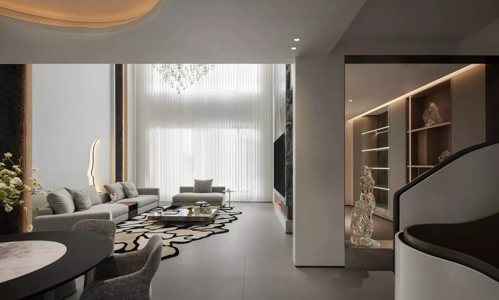 1000sqm luxury villa living room panoramic view with modern minimalist furniture