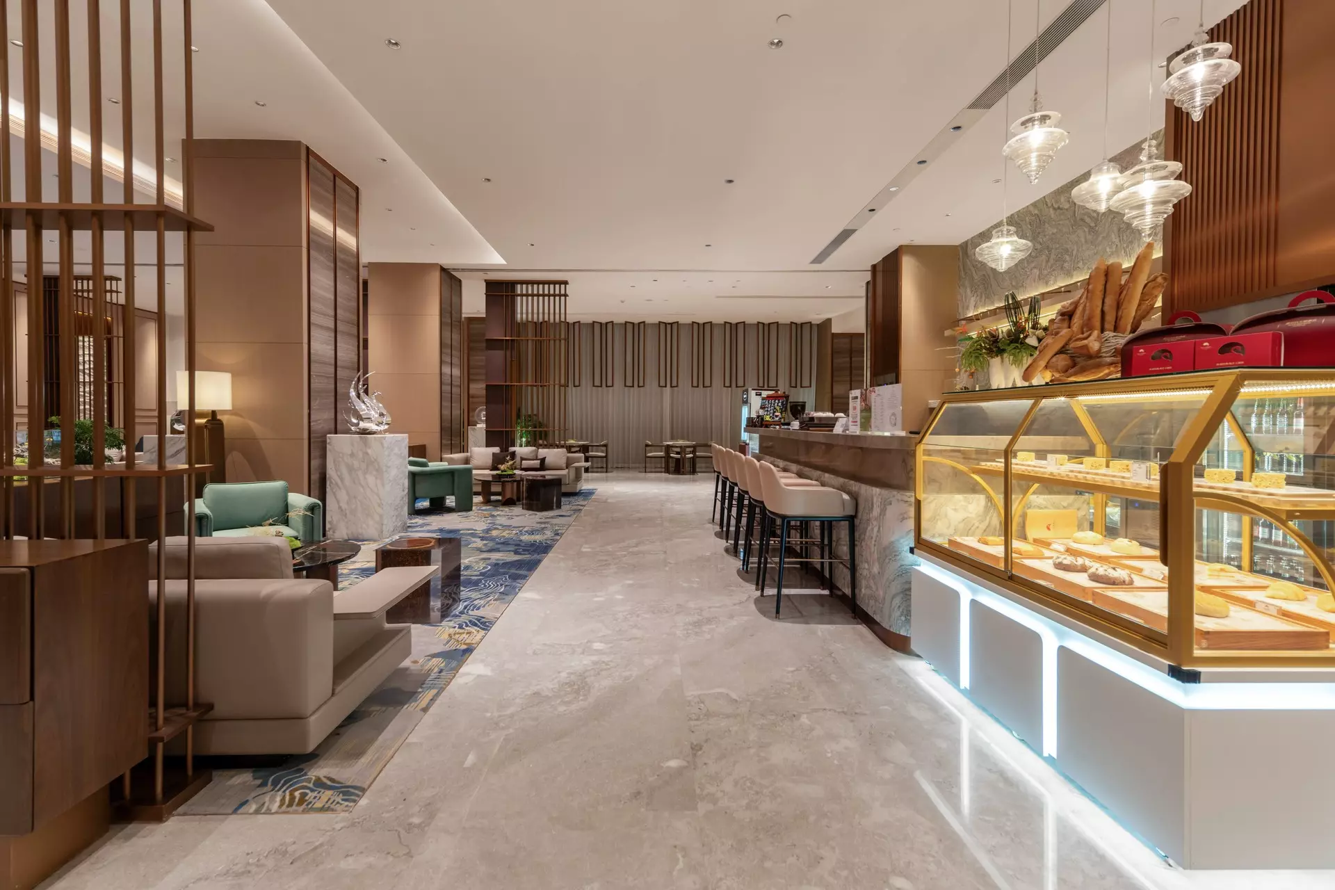 Detailed close-up of premium wood veneer cladding in hotel public seating area