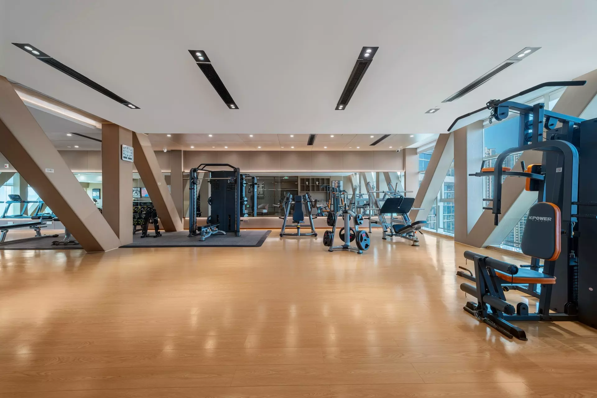 Minimalist wood paneling and specialized millwork for luxury hotel gym