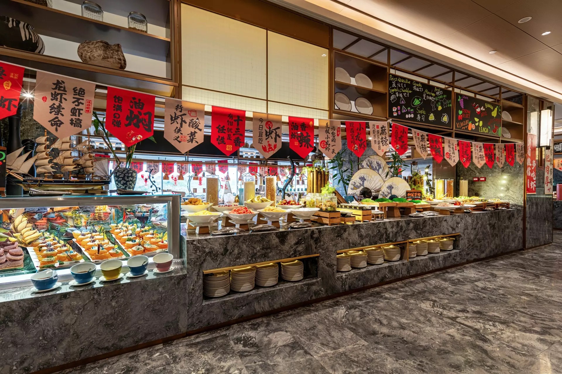 Spacious hotel restaurant dining area with architectural wood partitions