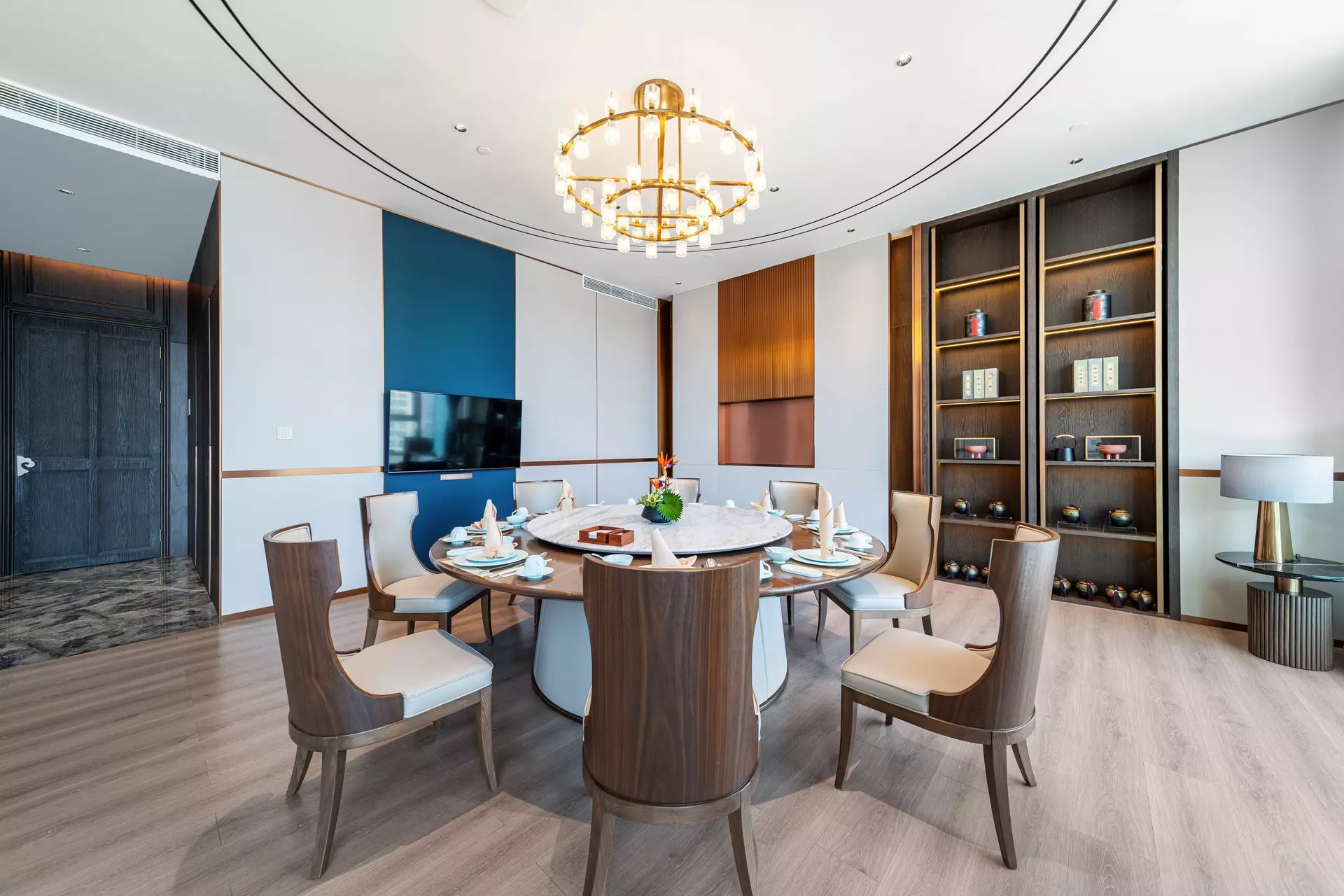 Luxury Chinese restaurant private dining room with custom wood finishes