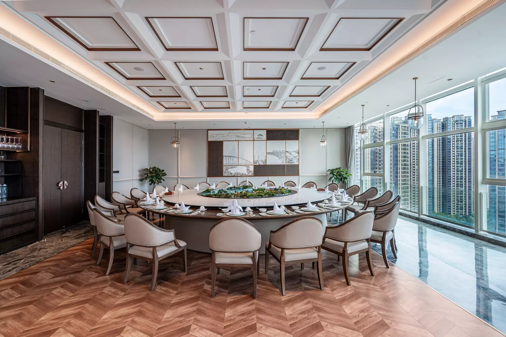 High-end millwork detailing around panoramic windows in private dining
