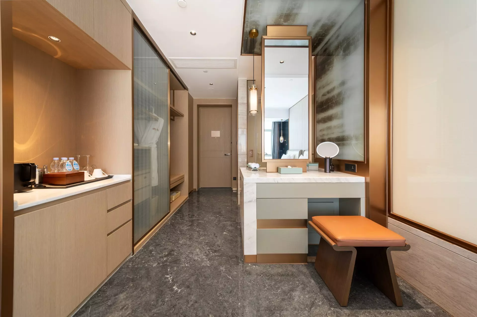 Elegant wooden master bathroom double vanity crafted by HaoFengHeJu