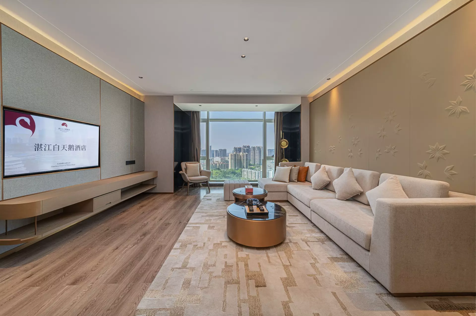 Detailed wood finishes on custom hotel bedroom accent walls