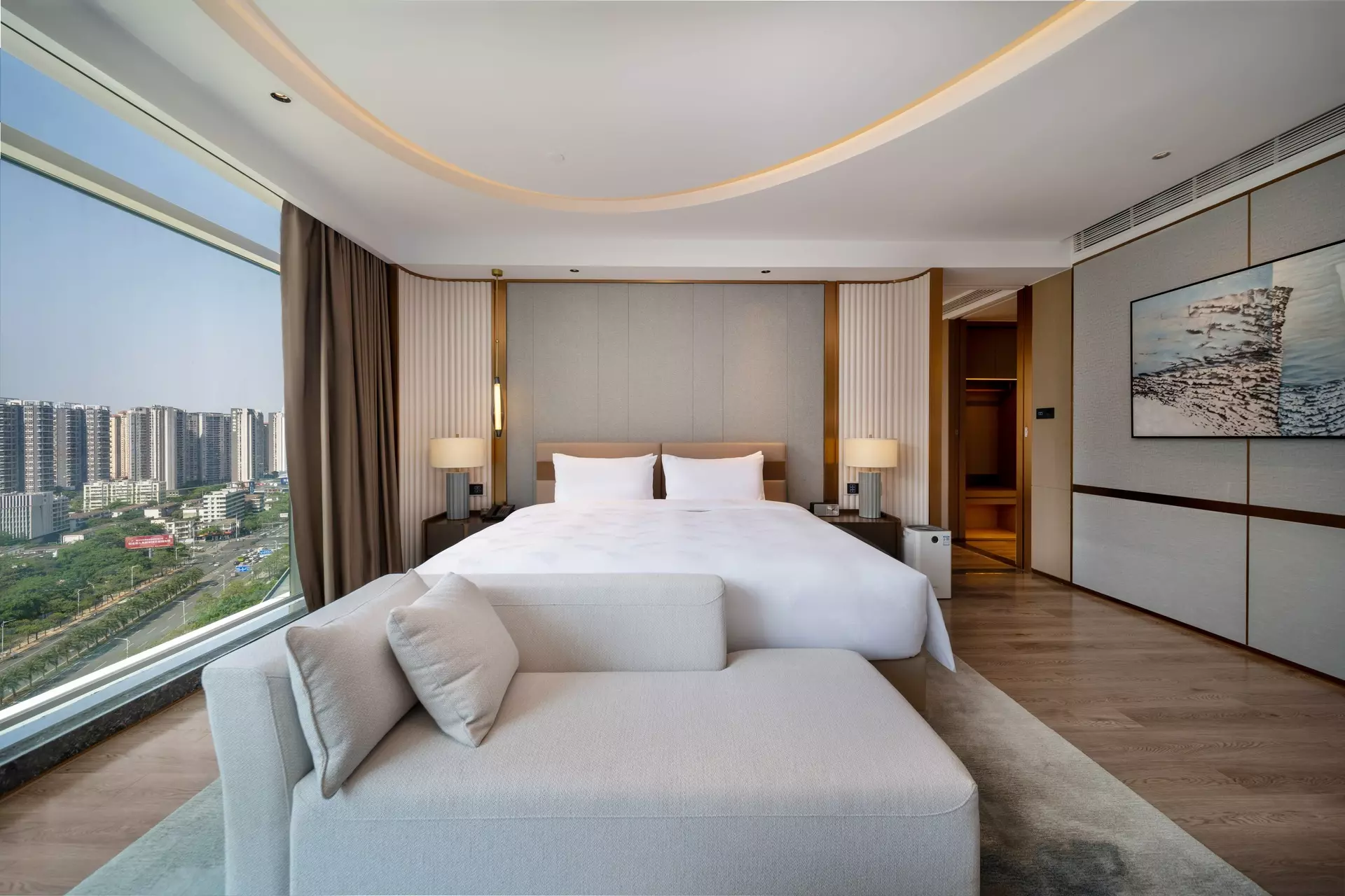 High-end loose and fixed custom furniture pairing in luxury hotel room