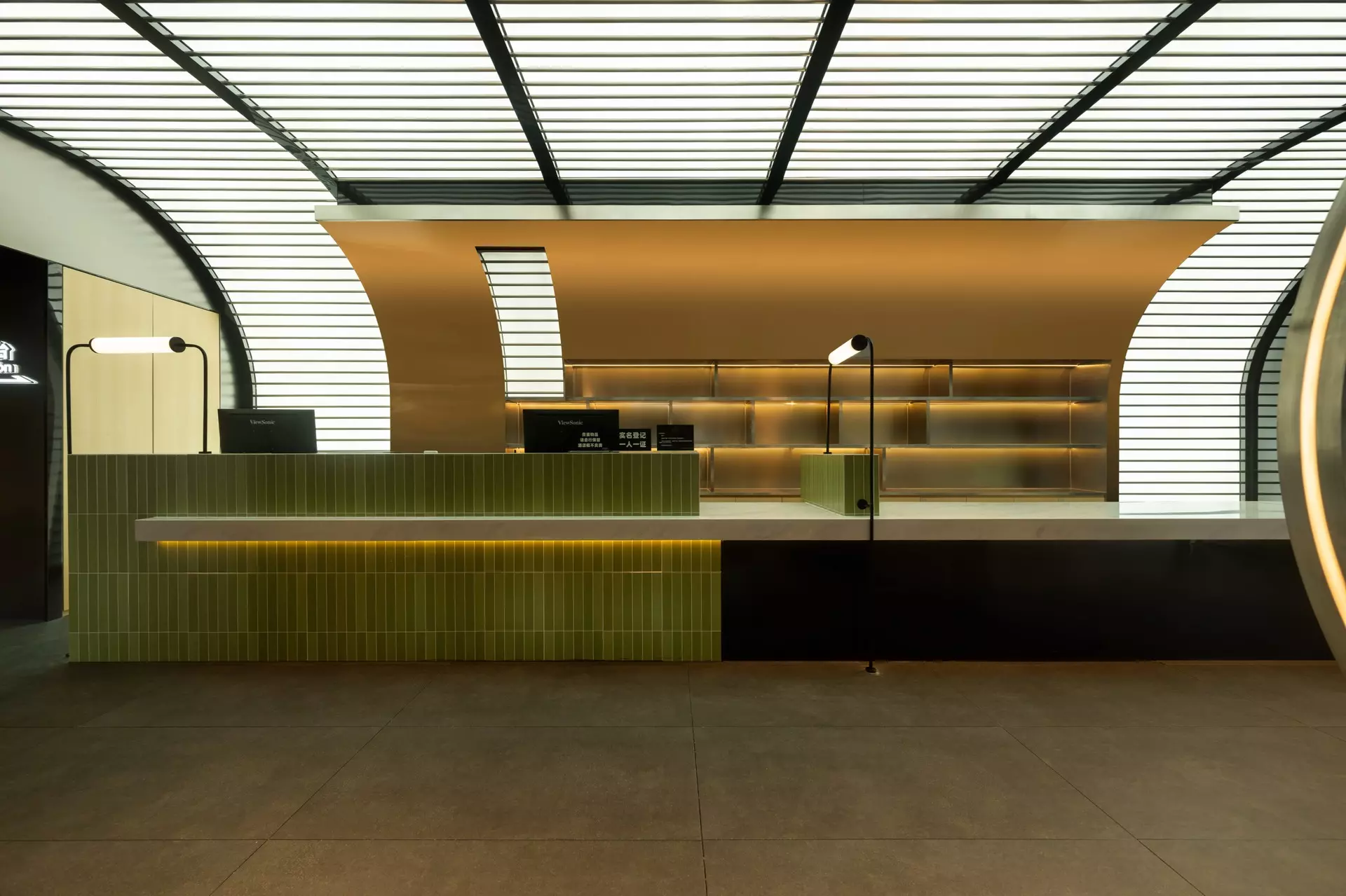 Deconstructive geometric lobby layout at SFEEL Designer Hotel Dongguan