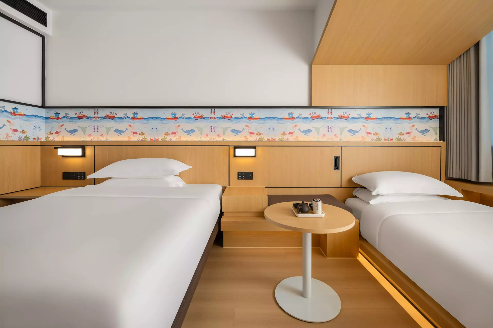 Integrated modular hotel lounge storage units by Hopeful Furniture
